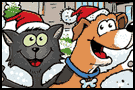 Cat & dog & chickens cartoon corporate Christmas card
